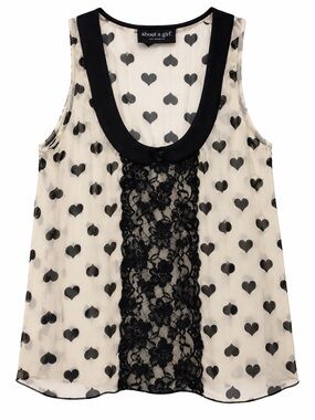 About a Girl Los Angeles Heart Print Sheer Lace Tank Top Sleeveless Medium